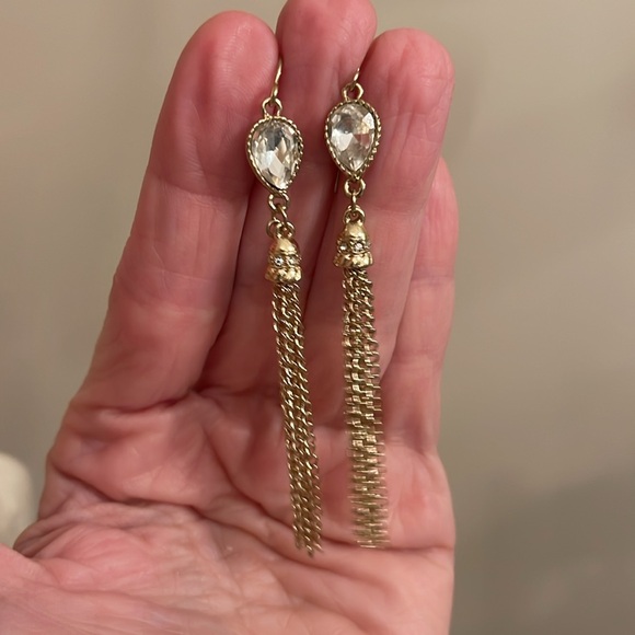 Boutique Style Long Dangle Chain Rhinestone Earrings, Gold-tone - Picture 8 of 15